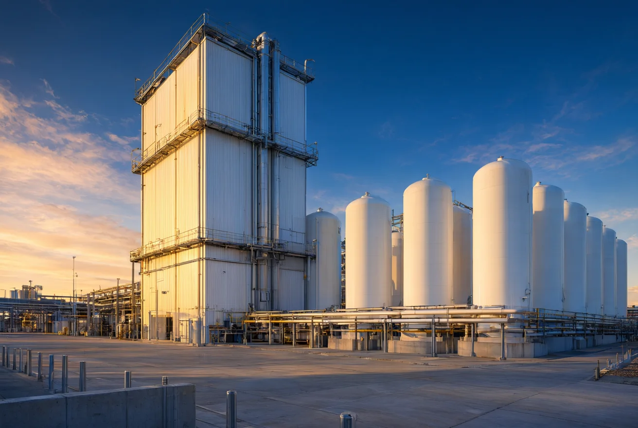 Cryogenic air separation plant at dusk (artist rendering)